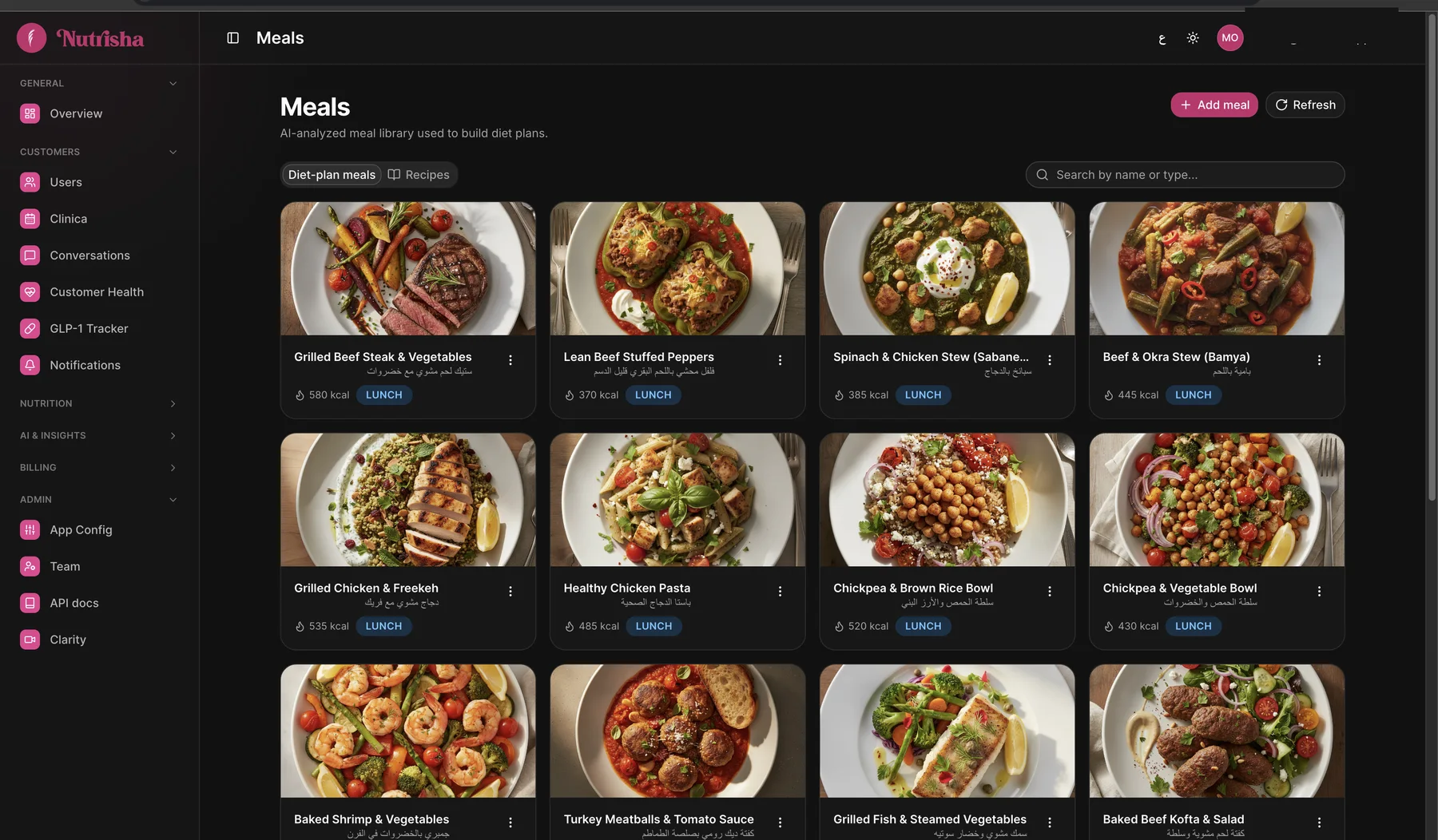 The Nutrisha admin dashboard — the AI-analyzed, bilingual meal library