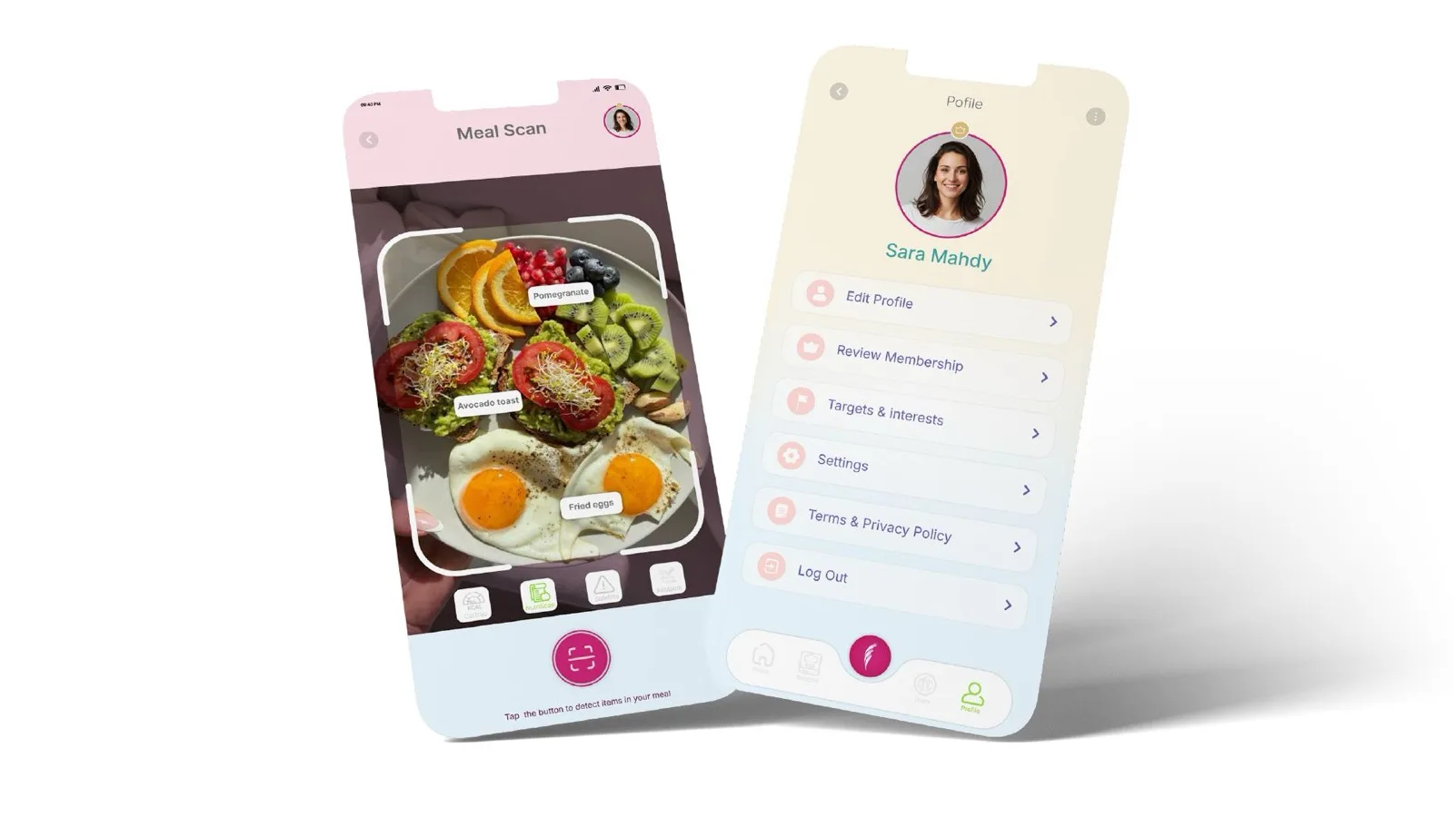 Refreshed Nutrisha UI — meal scan and profile