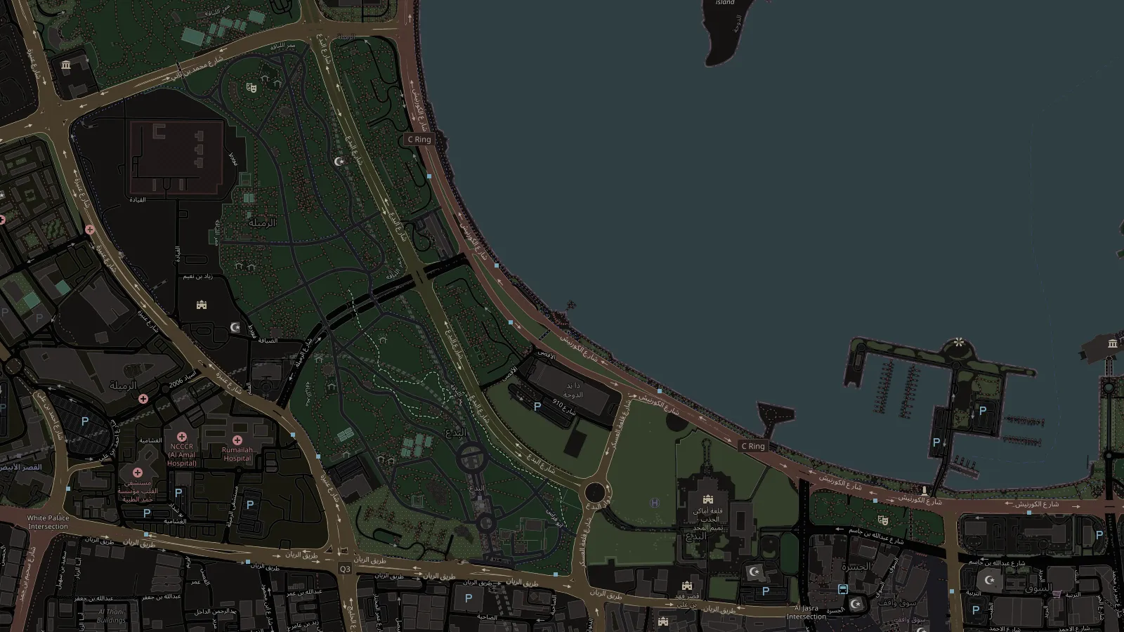 Map of the Doha Corniche showing where Toub Toub Ya Bahar stands, on Al Corniche Street in the Al Bidda district