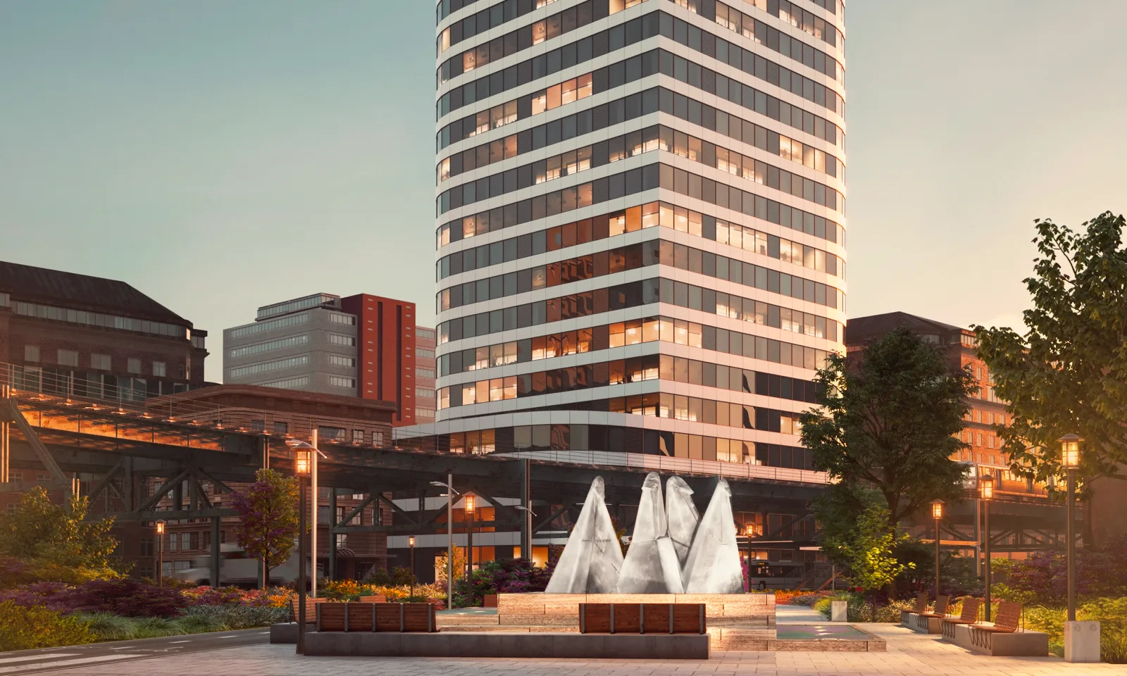 Public-art concept — a cluster of reflective abstract forms staged in a plaza at dusk