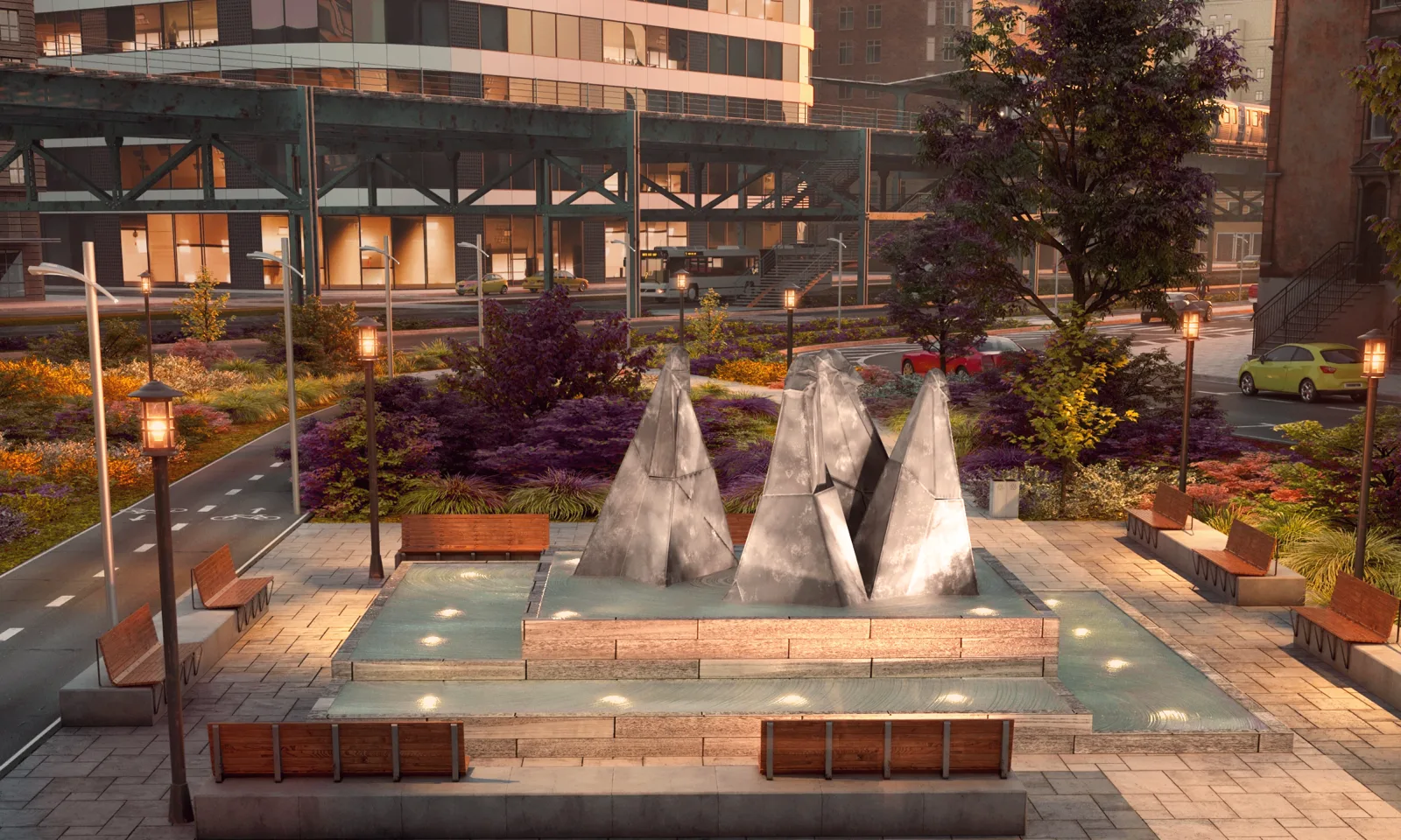 Reflective-metal concept, elevated view over a water basin