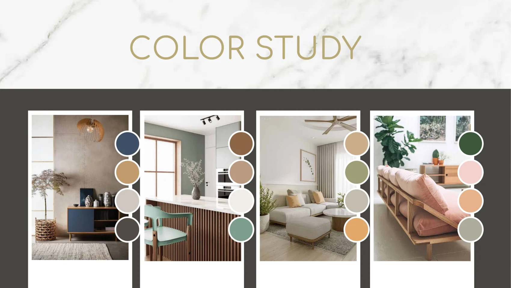 A colour study pairing interior photographs with extracted swatches of warm neutrals, sage and terracotta