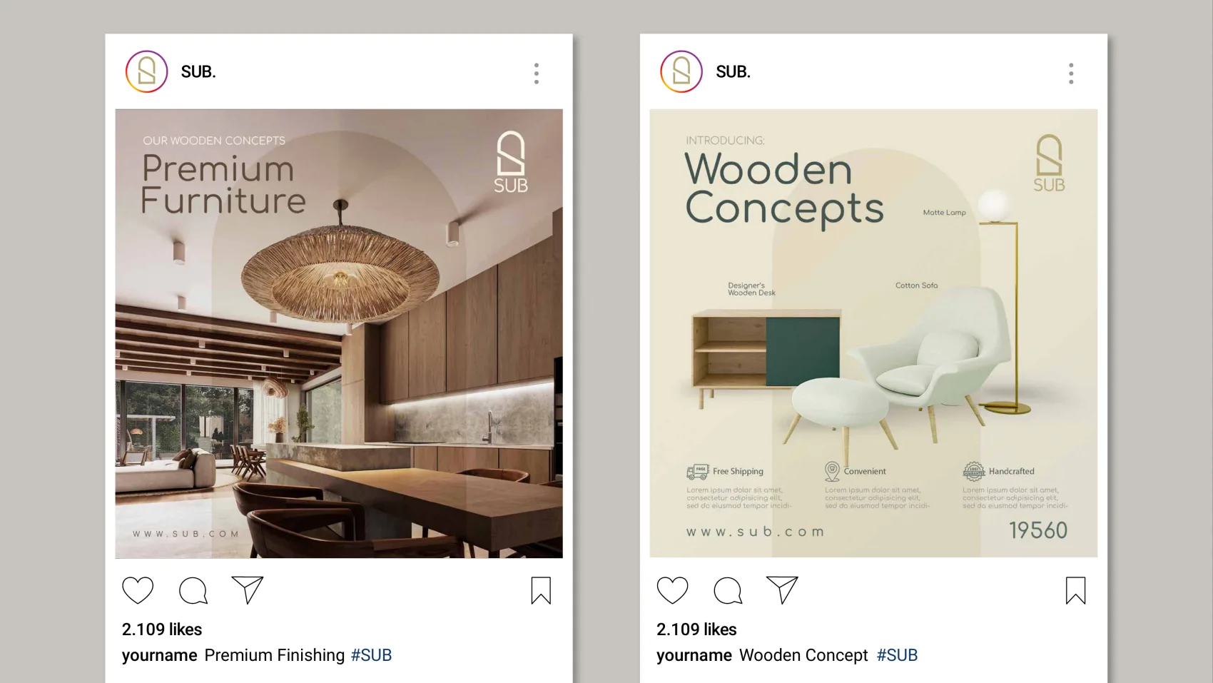 Two SUB Instagram posts — Premium Furniture and Wooden Concepts