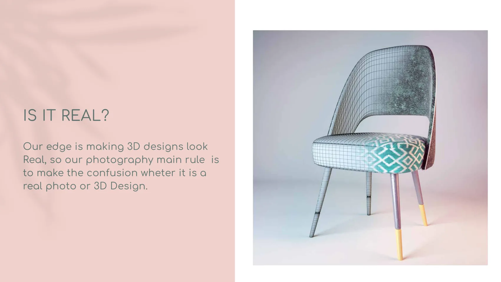 A chair shown half as a photorealistic 3D render and half as a wireframe, asking whether it is real