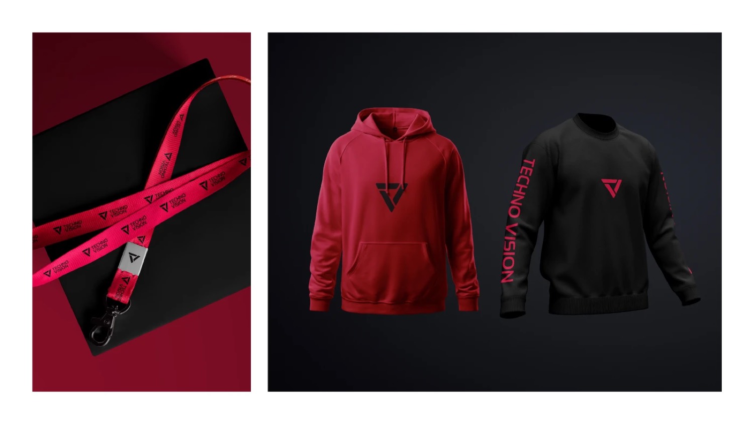 Techno Vision merch — lanyard and hoodies in red and black