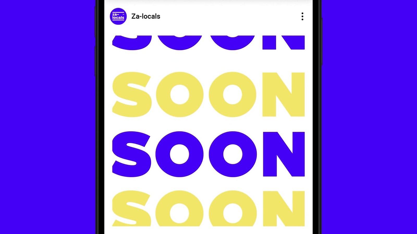 Coming Soon teaser — SOON kinetic type, blue and yellow