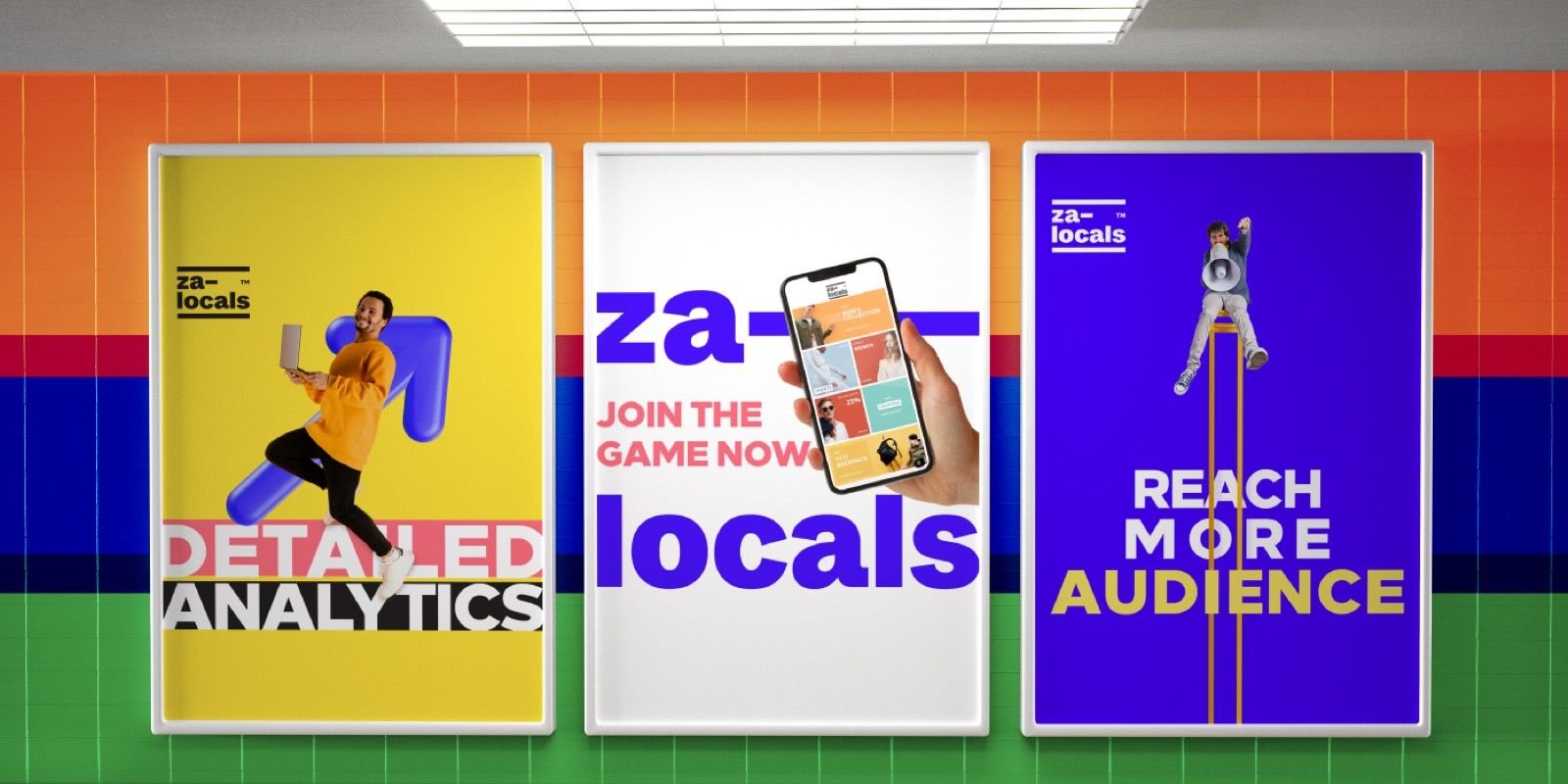 Environmental billboard mockup — three Zalocal posters