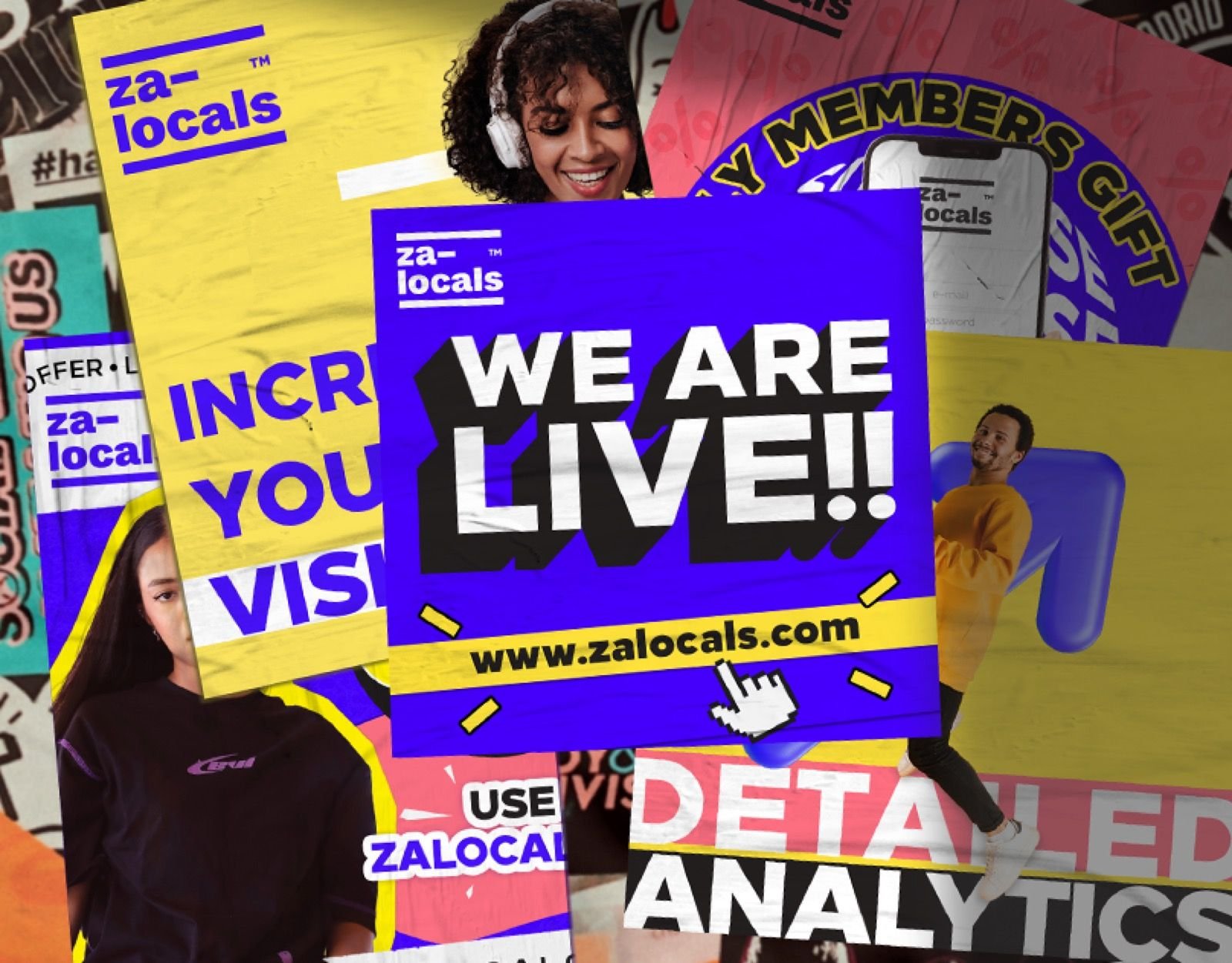 Zalocal launch collage — WE ARE LIVE over campaign posters and models