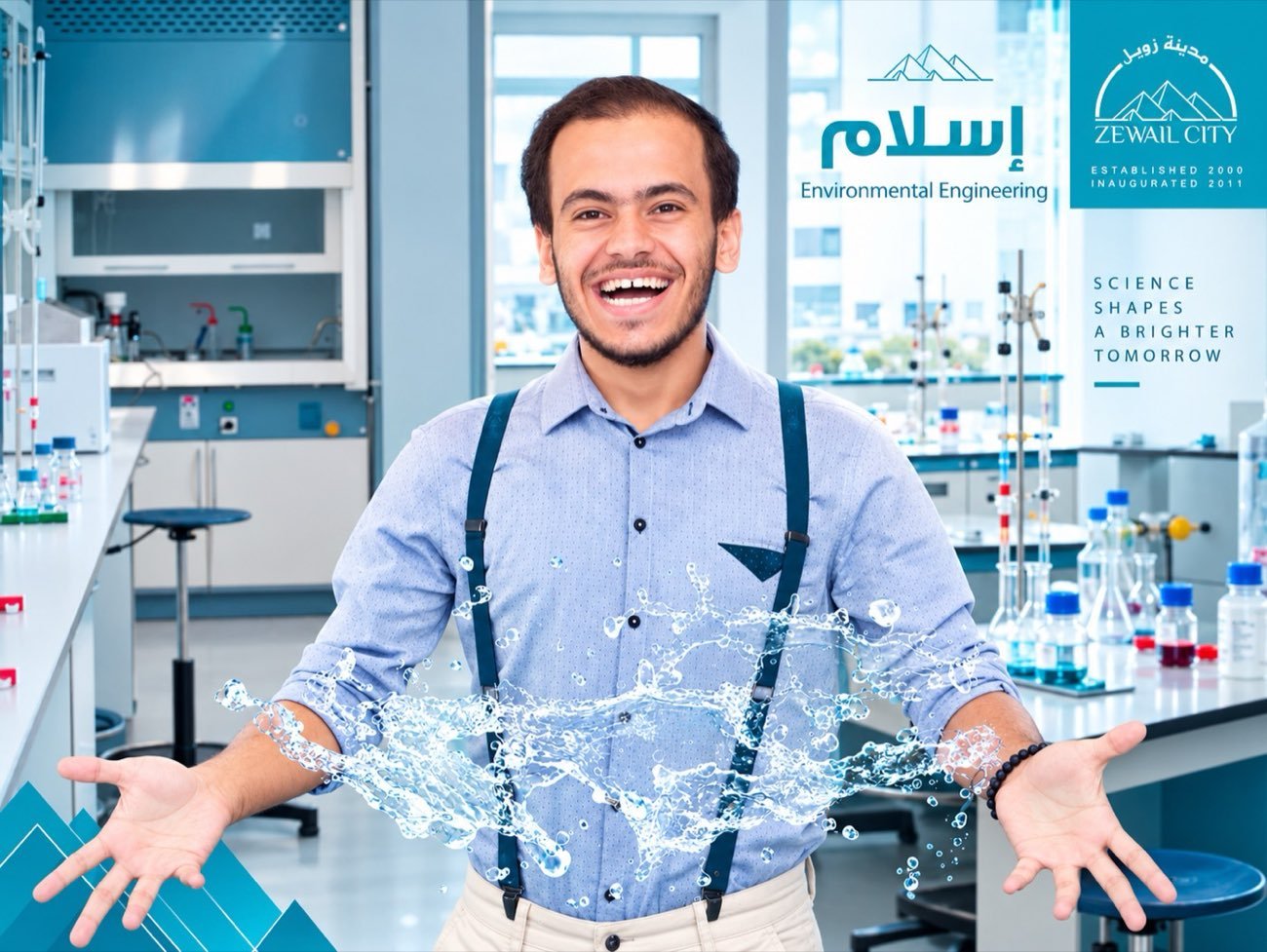 Zewail City program post — a student with a splash of water, Environmental Engineering