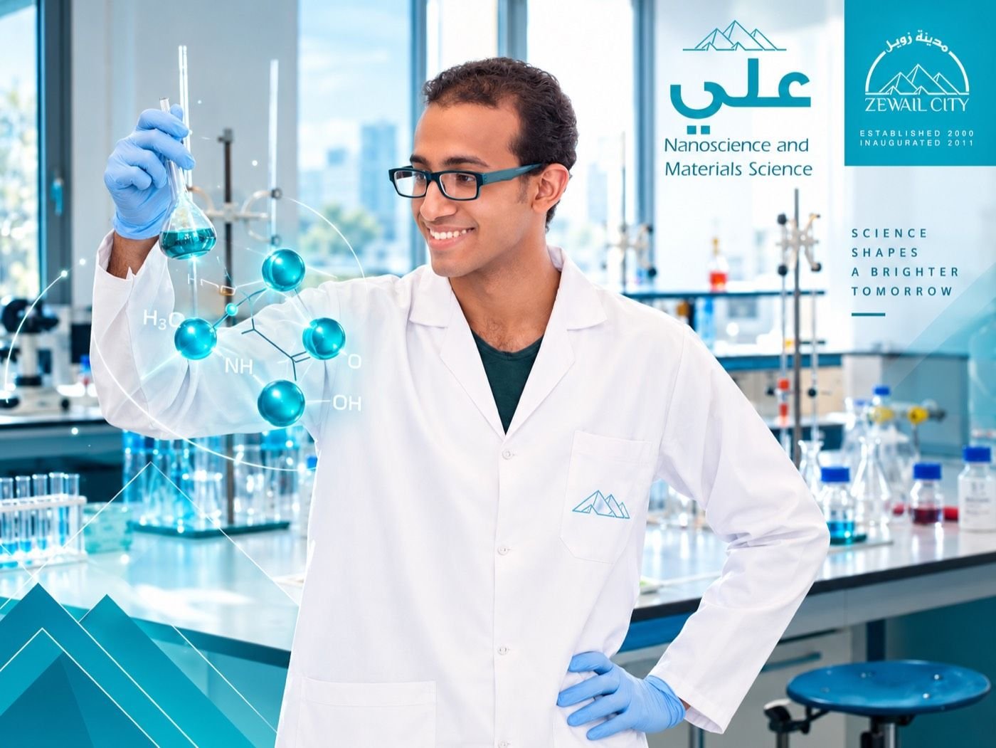 Zewail City program post — a student holding a flask with a molecular structure, Nanoscience and Materials Science